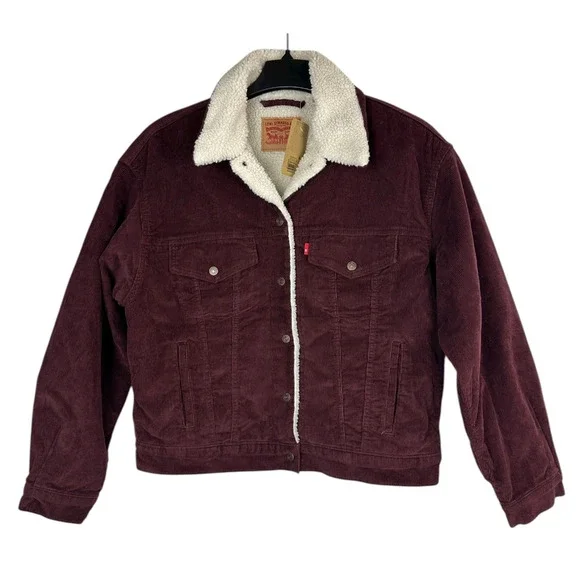 NWT Levi's Women's 90'S Corduroy Sherpa Trucker Jacket Burgundy Large Western - Picture 2 of 9